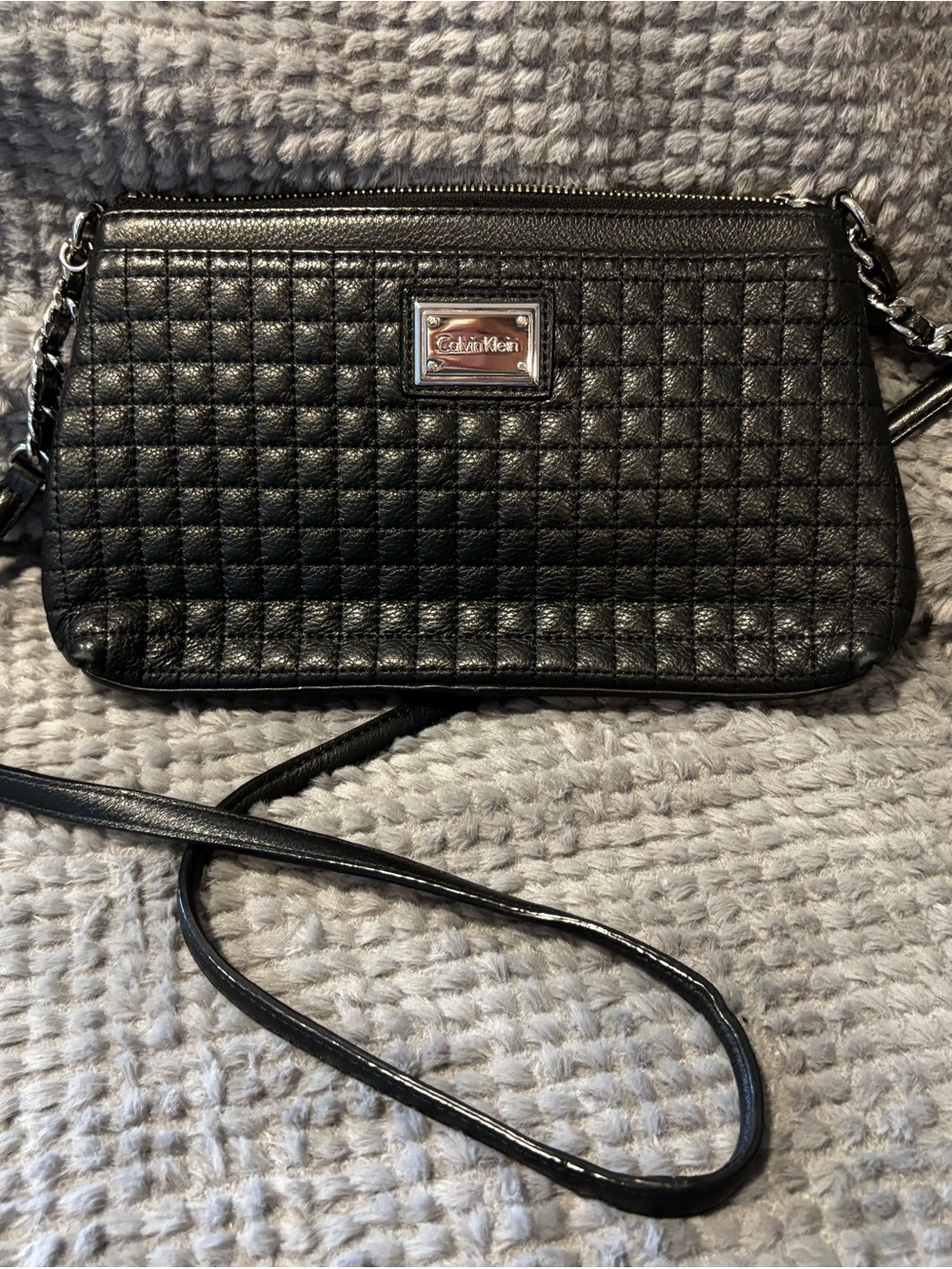 Calvin Klein Black Quilted Leather Crossbody with Chain Accent